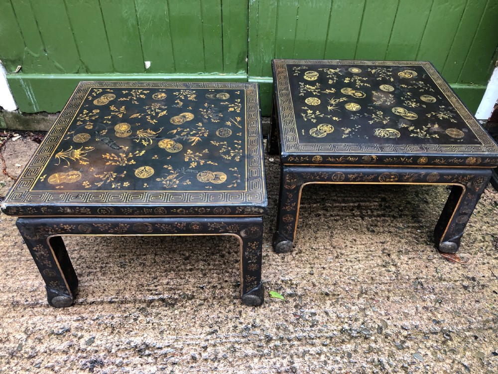 Pair of early C20th Japanese black and gilt lacquer square low tables . View II