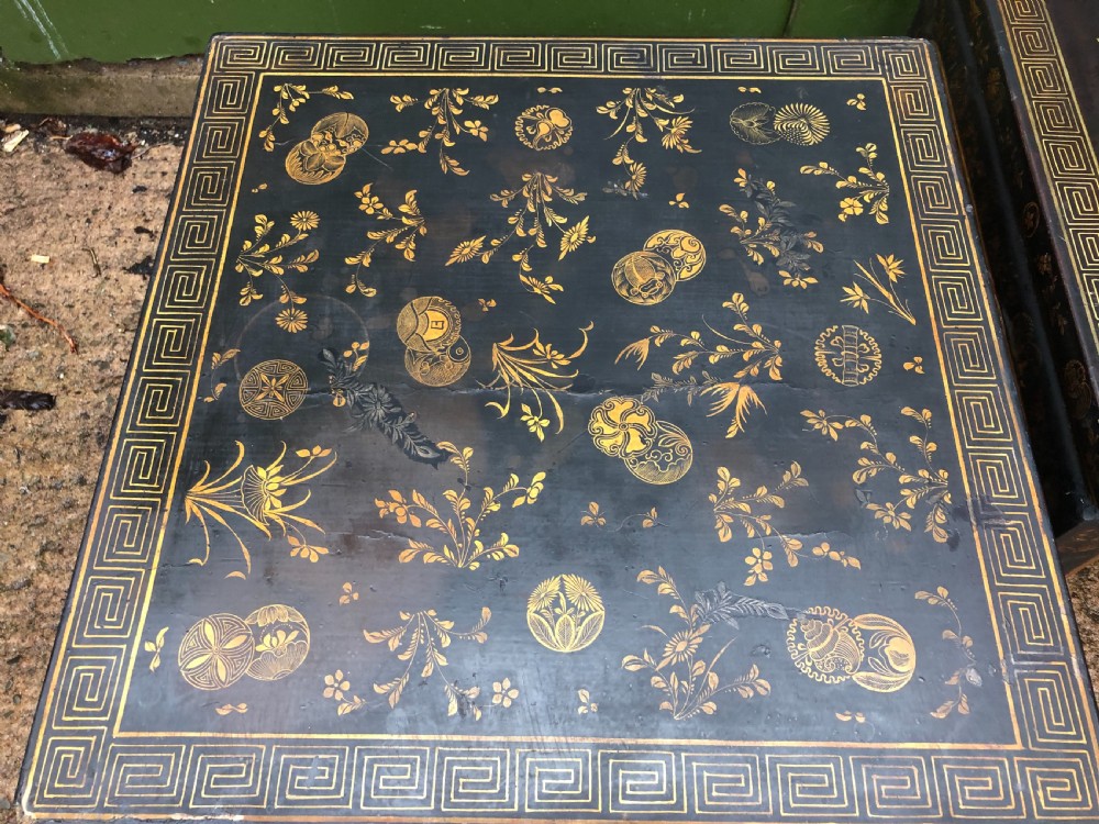 Pair of early C20th Japanese black and gilt lacquer square low tables . View III