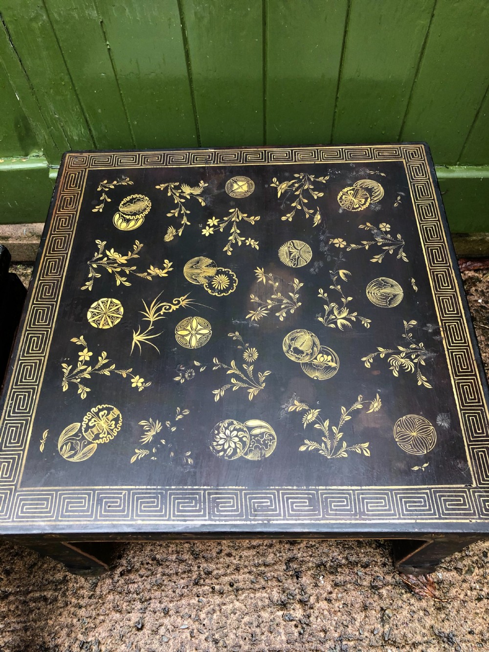 Pair of early C20th Japanese black and gilt lacquer square low tables . View IV