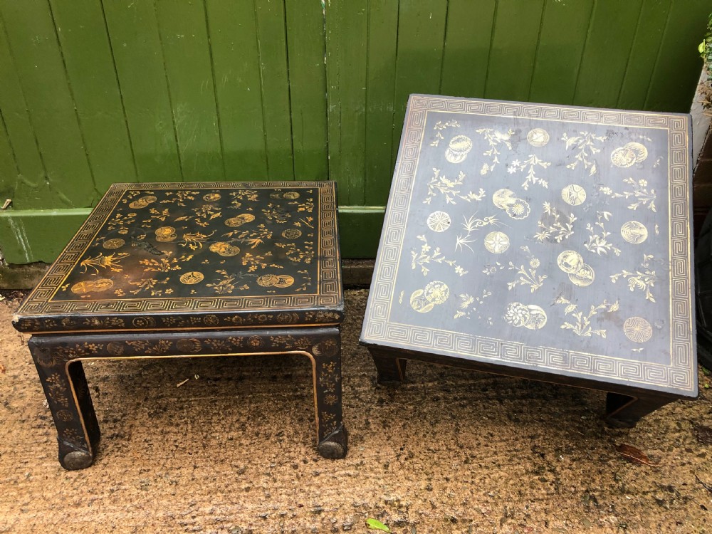 Pair of early C20th Japanese black and gilt lacquer square low tables . View VI