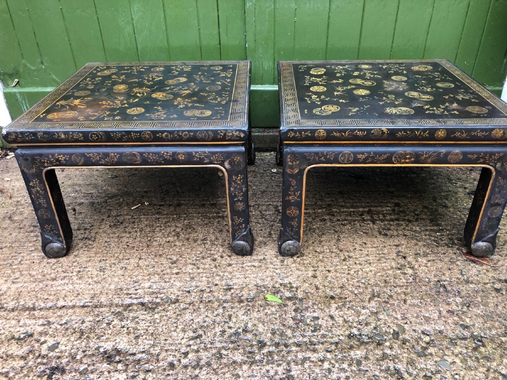 Pair of early C20th Japanese black and gilt lacquer square low tables . View VII