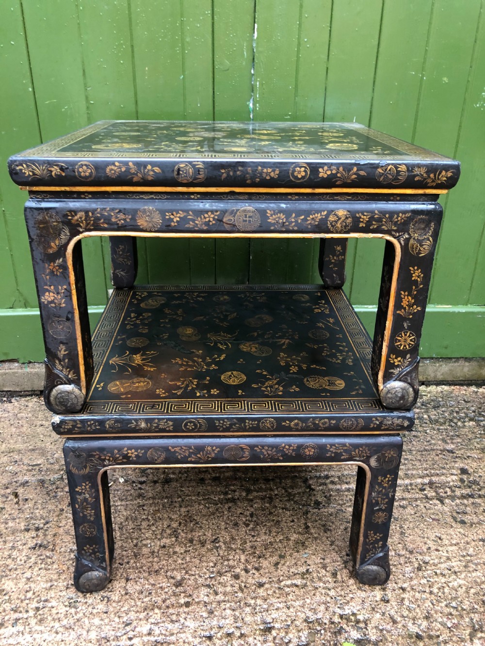 Pair of early C20th Japanese black and gilt lacquer square low tables . View XII