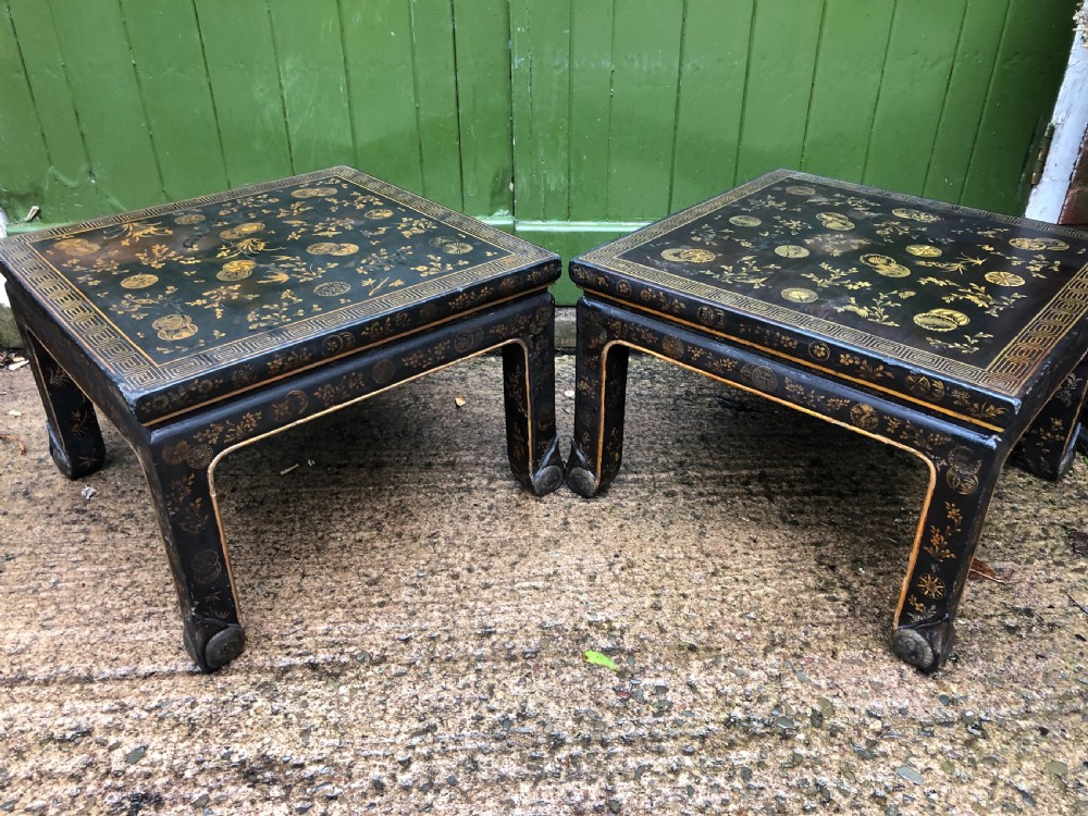 Pair of early C20th Japanese black and gilt lacquer square low tables . View XIII