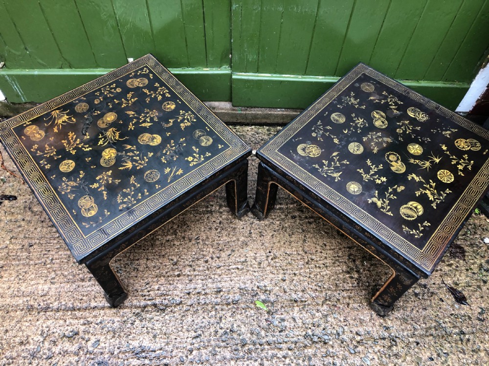 Pair of early C20th Japanese black and gilt lacquer square low tables . View XV