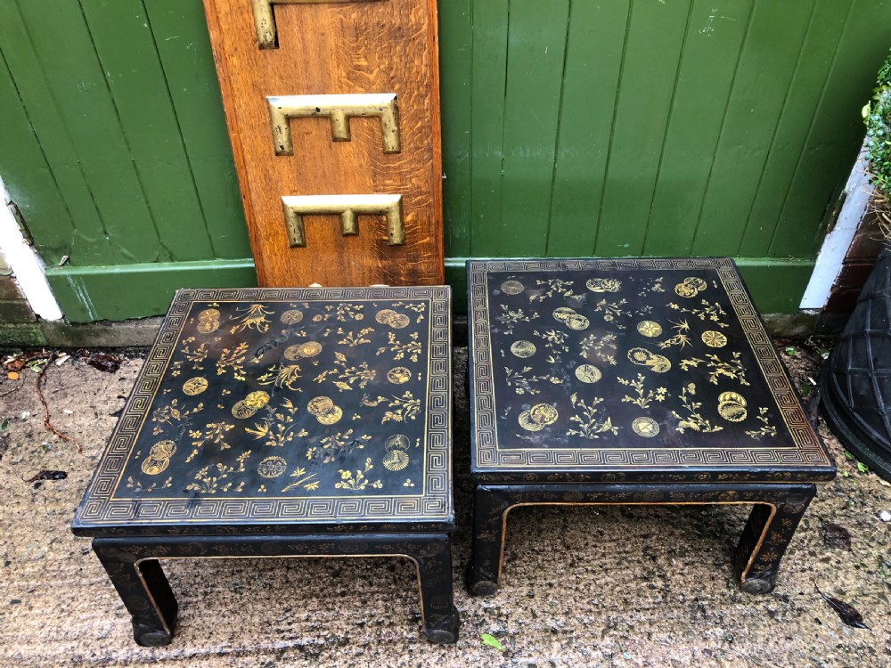Pair of early C20th Japanese black and gilt lacquer square low tables . View XVII