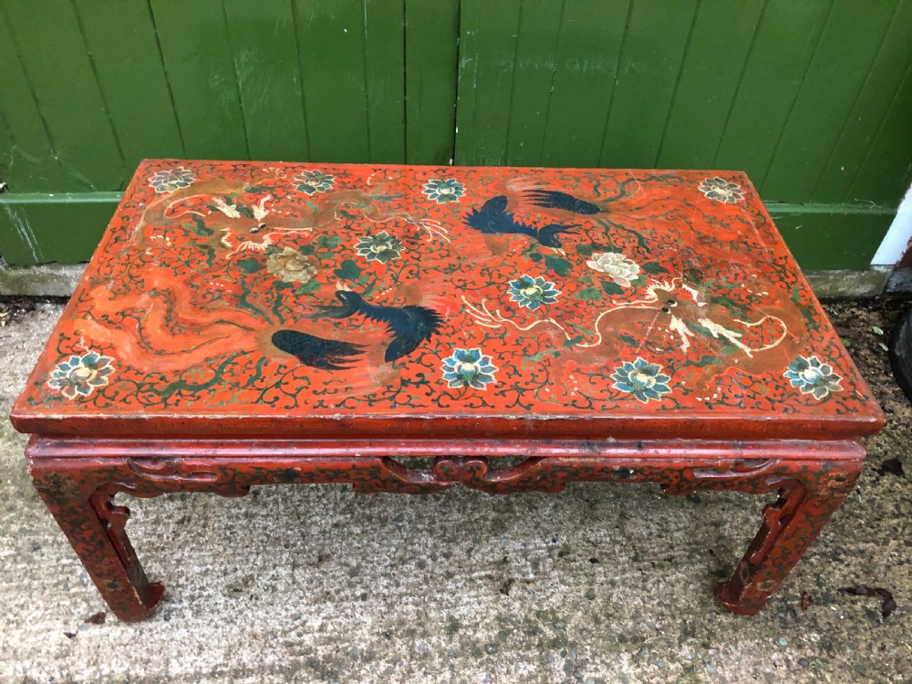 Early C20th Chinese red lacquer oblong ‘Kang’ or coffee table. View II