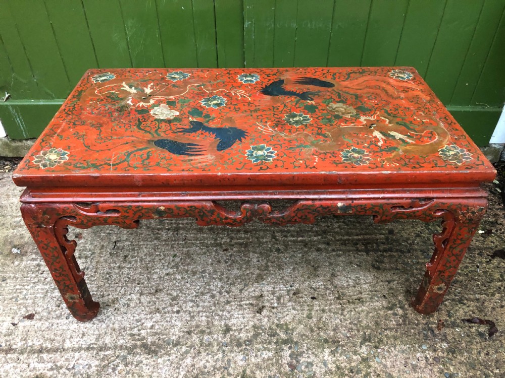Early C20th Chinese red lacquer oblong ‘Kang’ or coffee table. View XII