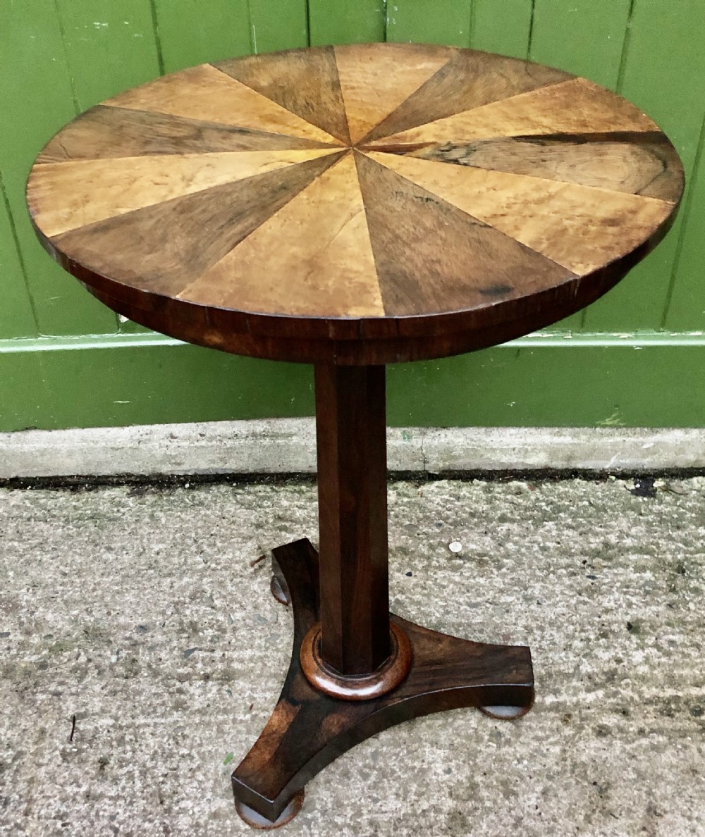 Early C19th George IV period rosewood occasional table with segmented rosewood and burr maple top . 