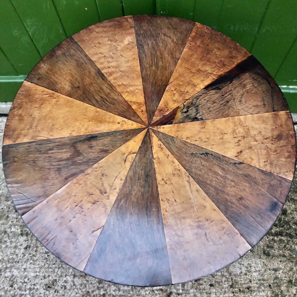 Early C19th George IV period rosewood occasional table with segmented rosewood and burr maple top .  View VI