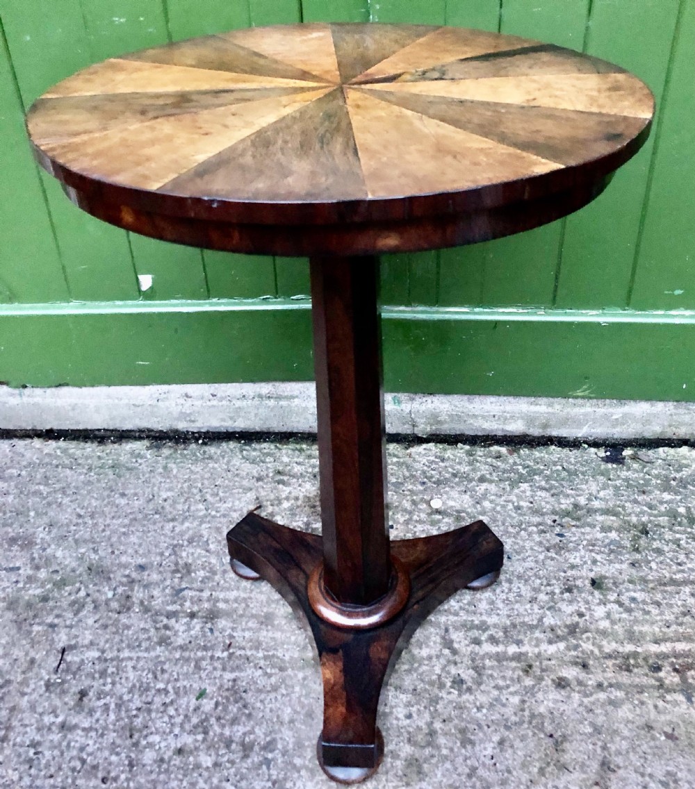 Early C19th George IV period rosewood occasional table with segmented rosewood and burr maple top .  View XI