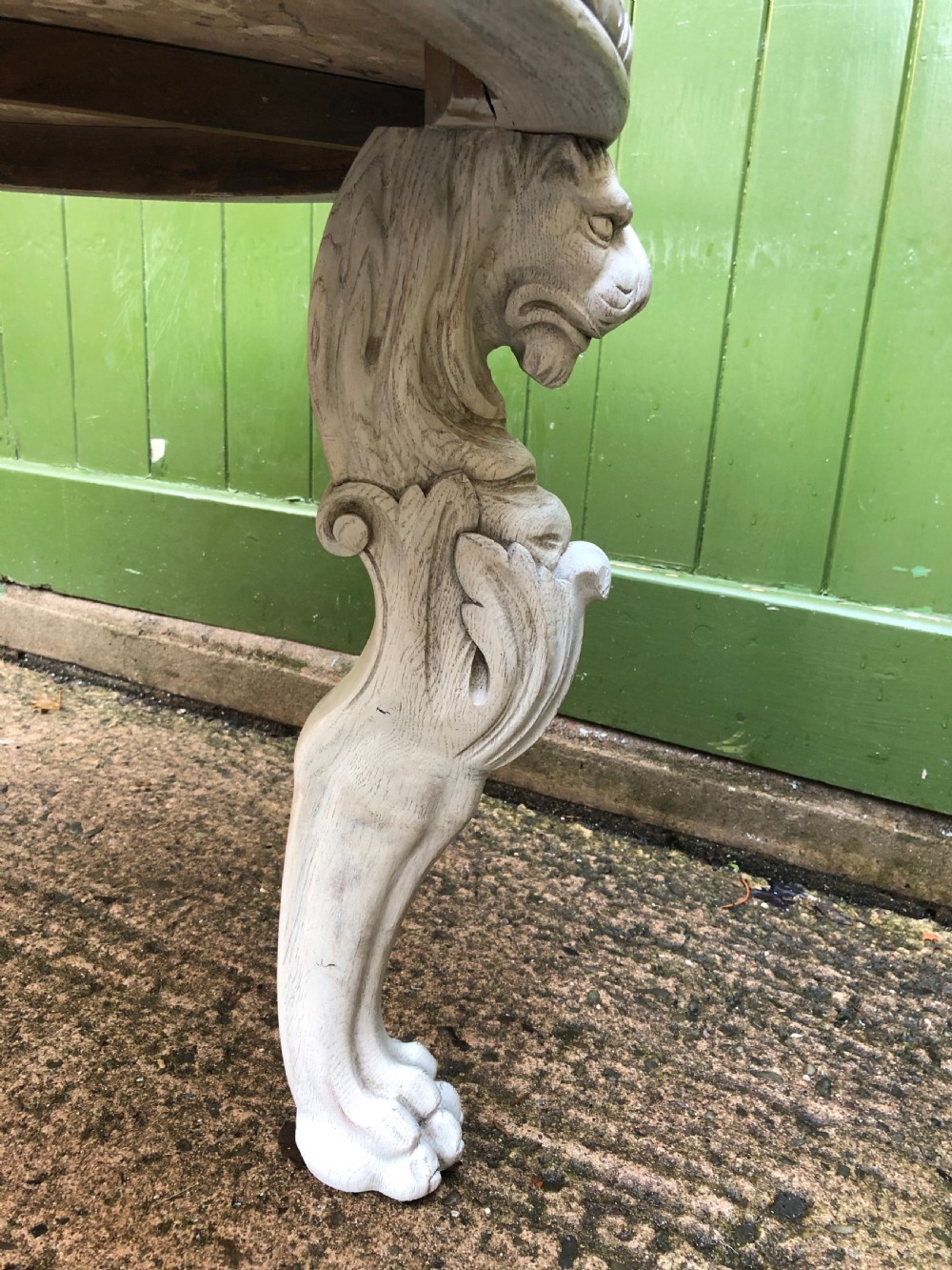 Late C19th decorated circular carved carved table with marble top on ancient Roman style lion monopodia supports. View XVII