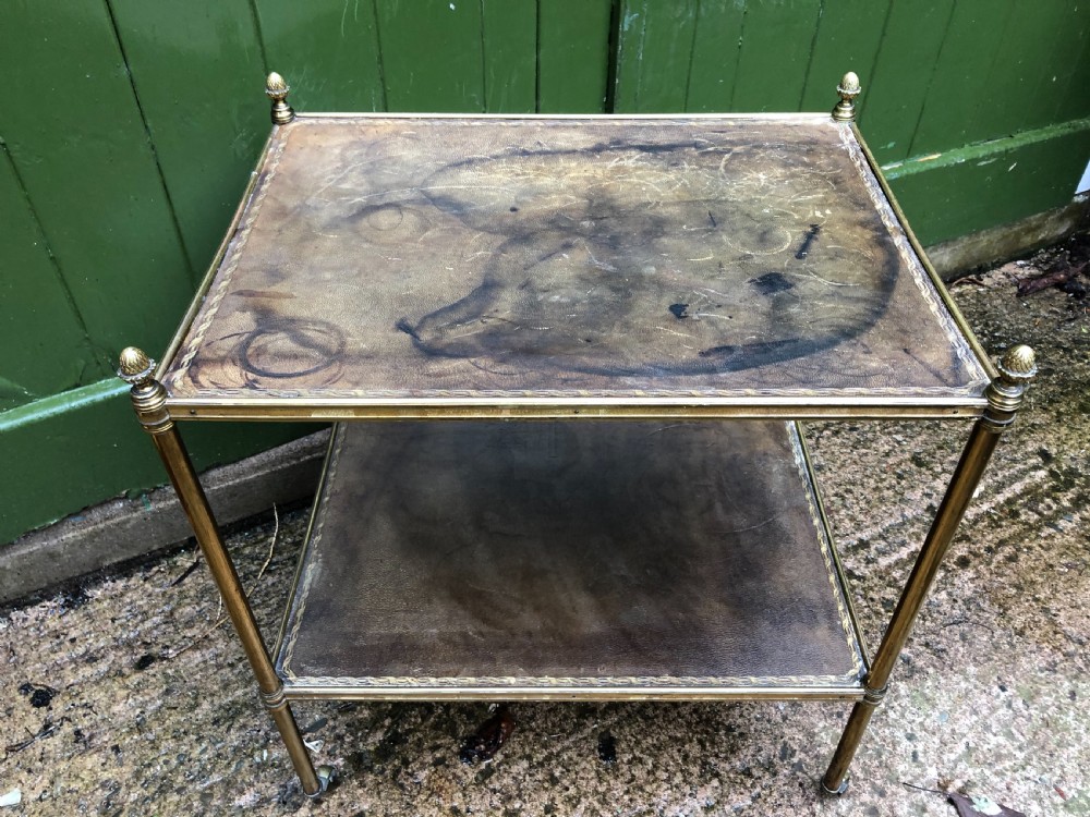 Early C20th brass-framed 2-tier rectangular etagere with tooled leather shelves . View III