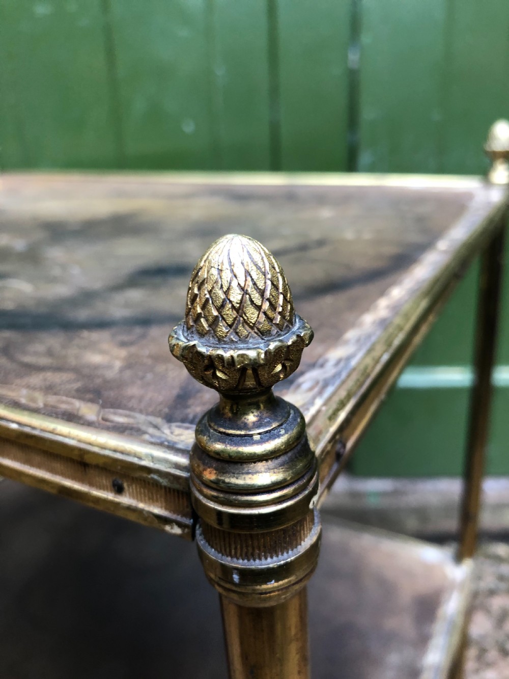 Early C20th brass-framed 2-tier rectangular etagere with tooled leather shelves . View IV
