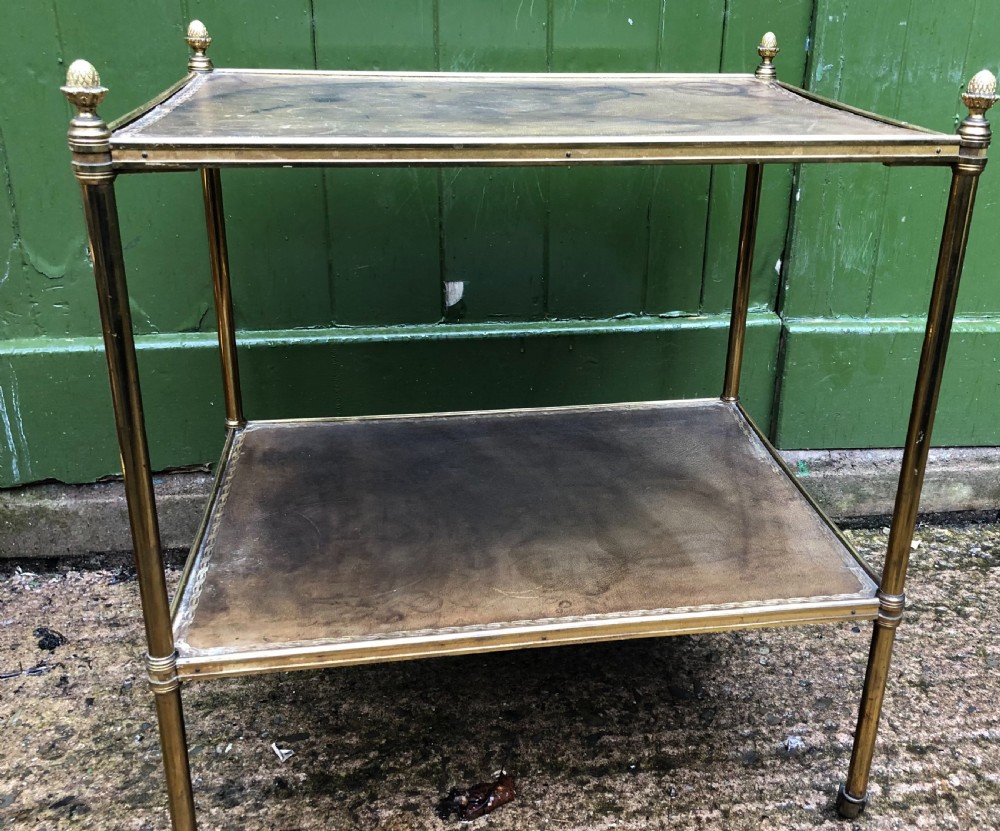 Early C20th brass-framed 2-tier rectangular etagere with tooled leather shelves . View VI