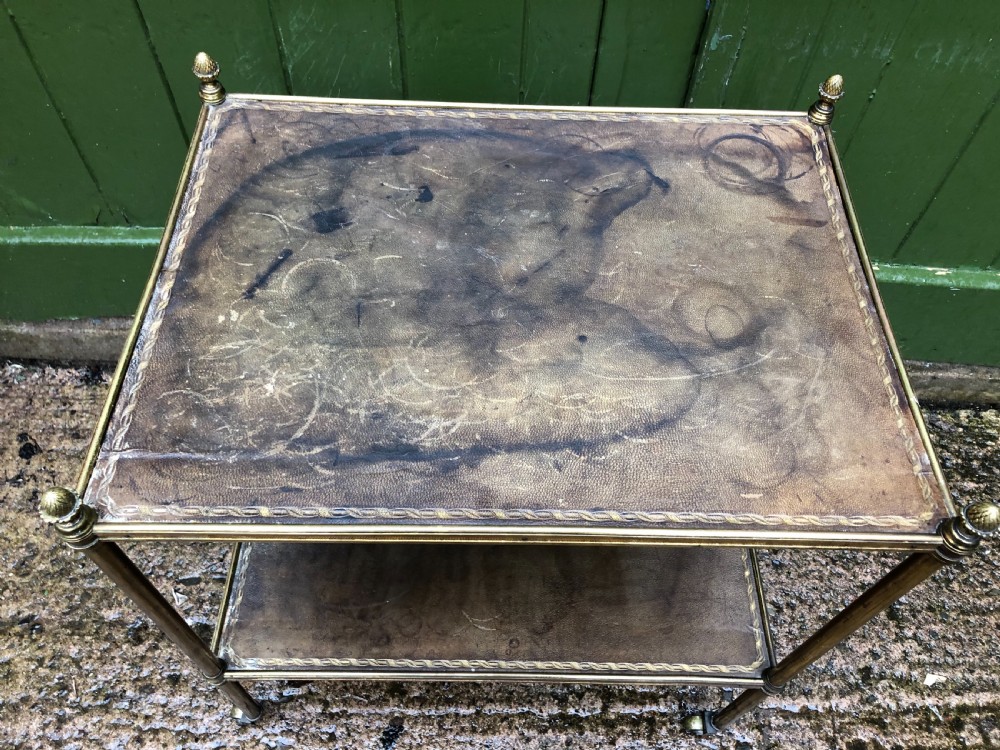 Early C20th brass-framed 2-tier rectangular etagere with tooled leather shelves . View VII