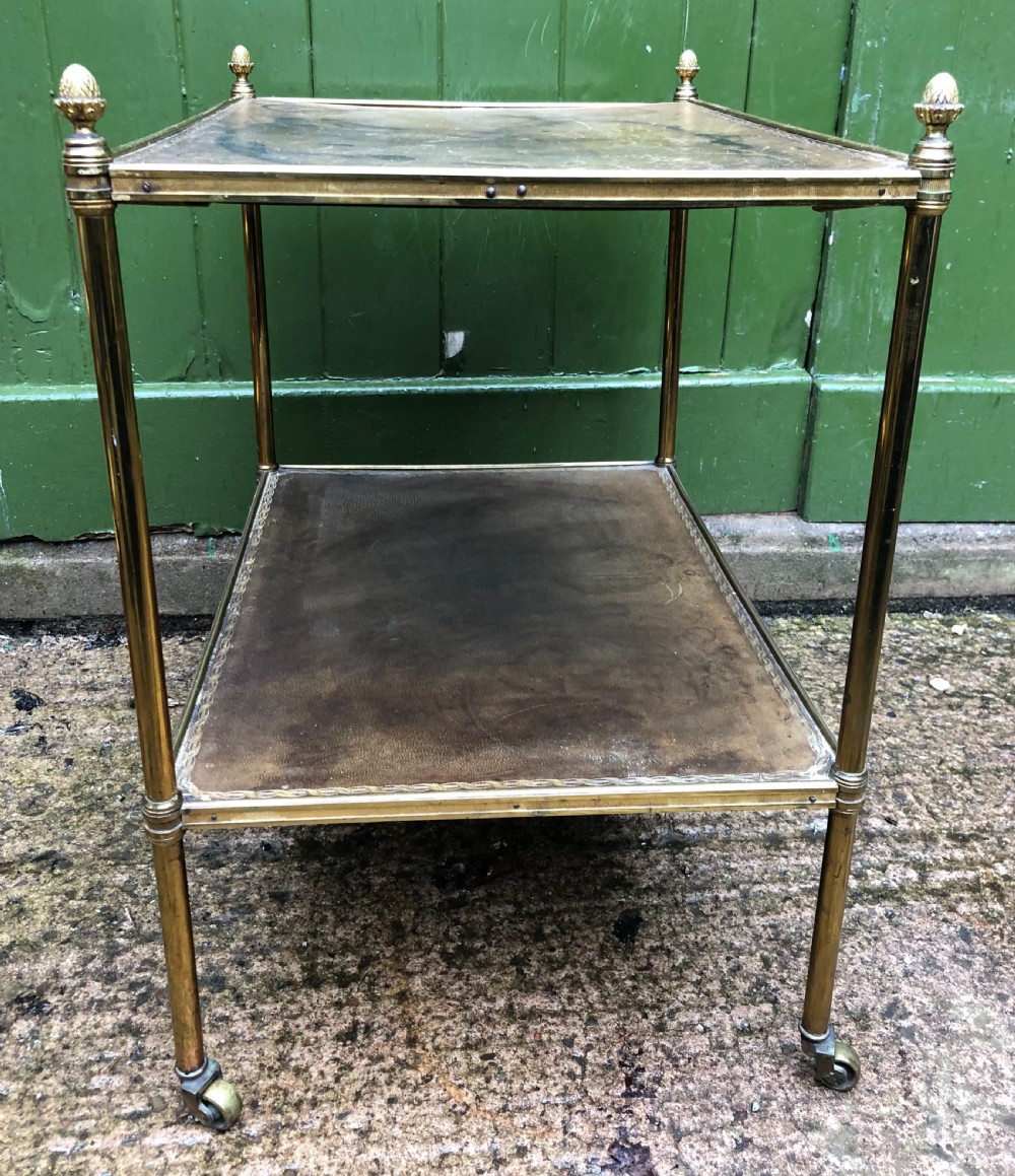 Early C20th brass-framed 2-tier rectangular etagere with tooled leather shelves . View VIII