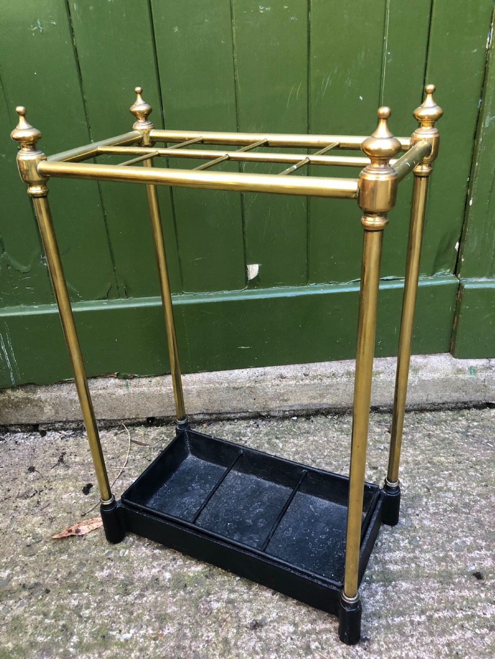 Late C19th Victorian period brass-framed stick or umbrella stand with cast-iron base. View II