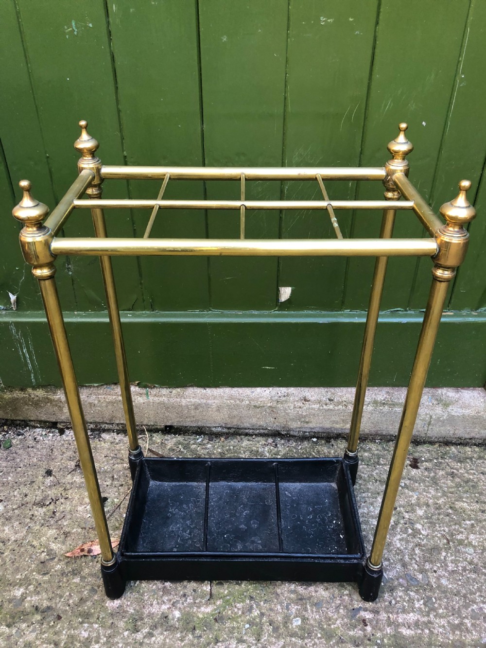 Late C19th Victorian period brass-framed stick or umbrella stand with cast-iron base. View III