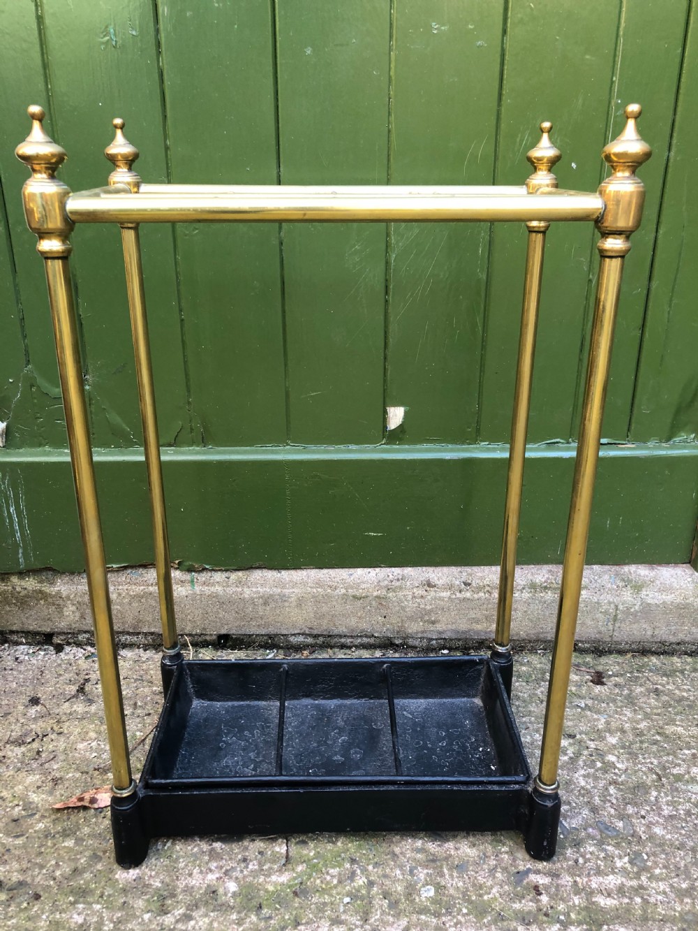 Late C19th Victorian period brass-framed stick or umbrella stand with cast-iron base. View IV