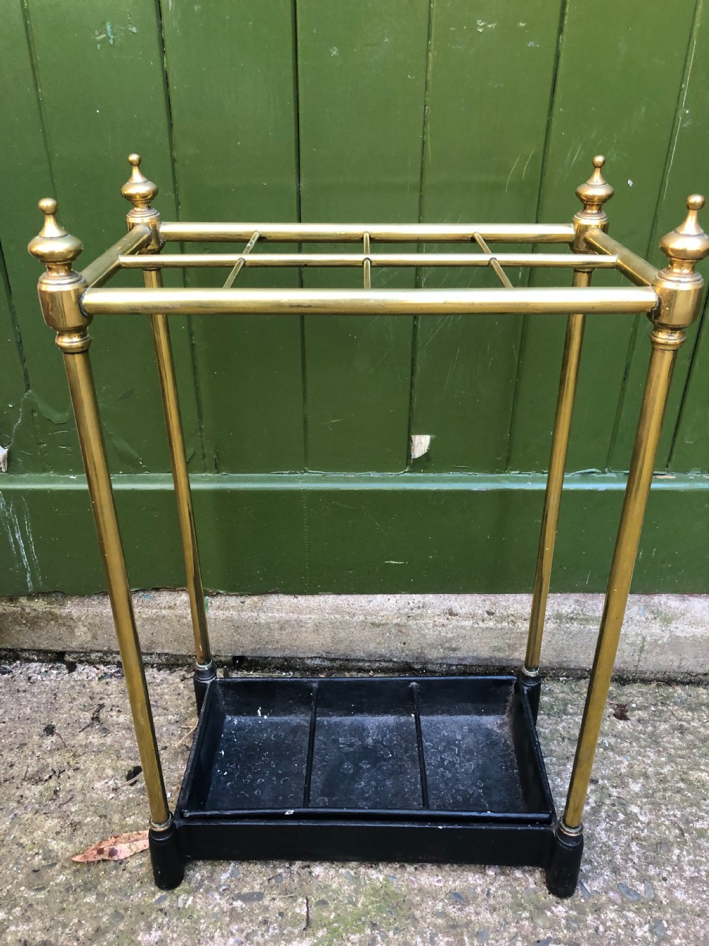 Late C19th Victorian period brass-framed stick or umbrella stand with cast-iron base. View VII
