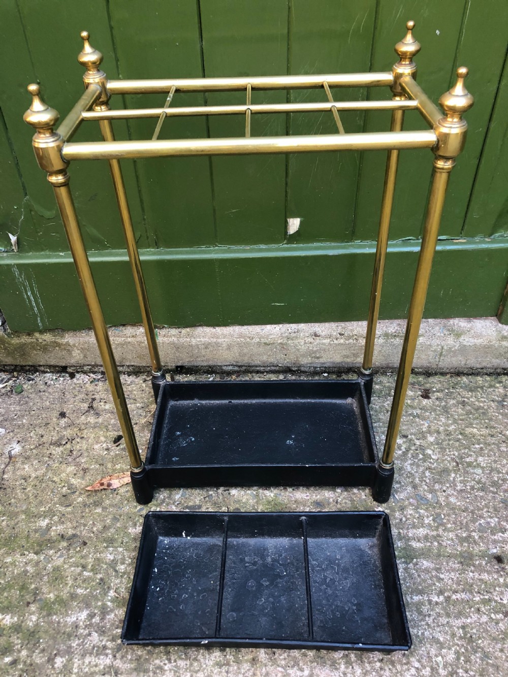 Late C19th Victorian period brass-framed stick or umbrella stand with cast-iron base. View VIII