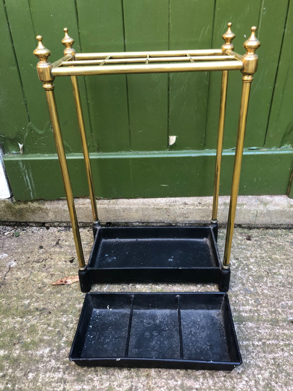 Late C19th Victorian period brass-framed stick or umbrella stand with cast-iron base. View IX