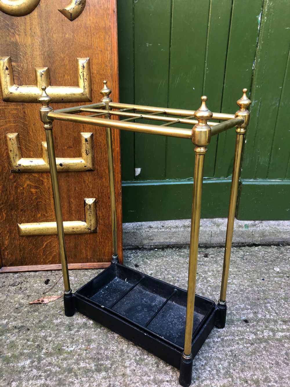 Late C19th Victorian period brass-framed stick or umbrella stand with cast-iron base. View X