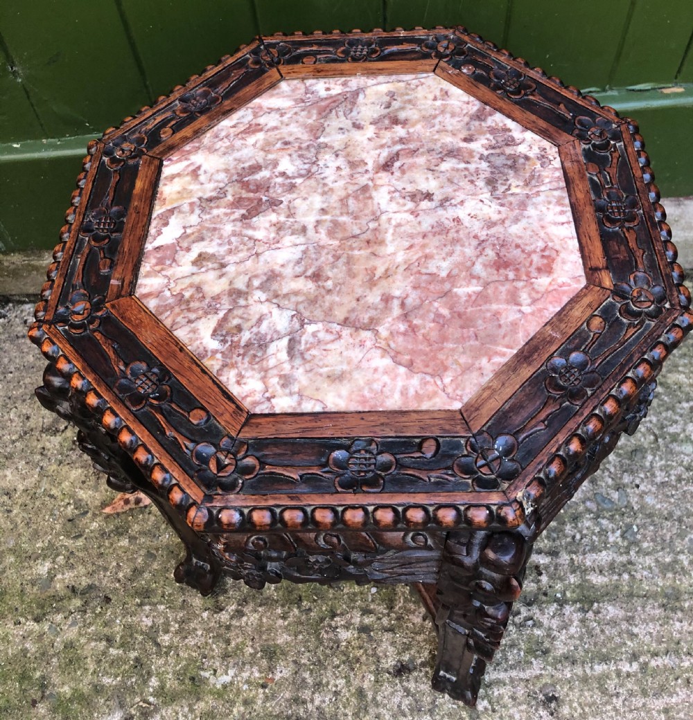 Late C19th Chinese Qing Dynasty carved hardwood inset rouge marble top low stand . View II