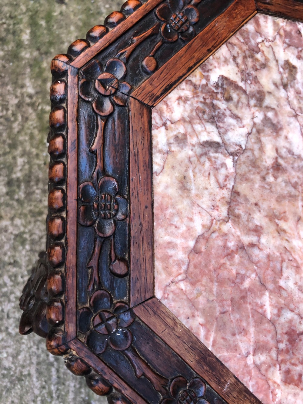 Late C19th Chinese Qing Dynasty carved hardwood inset rouge marble top low stand . View IV