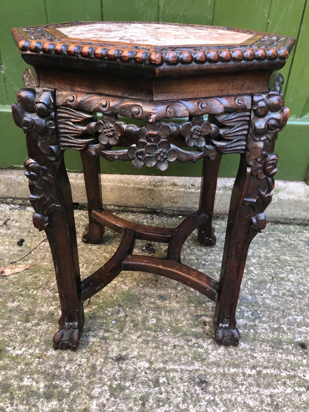 Late C19th Chinese Qing Dynasty carved hardwood inset rouge marble top low stand . View V