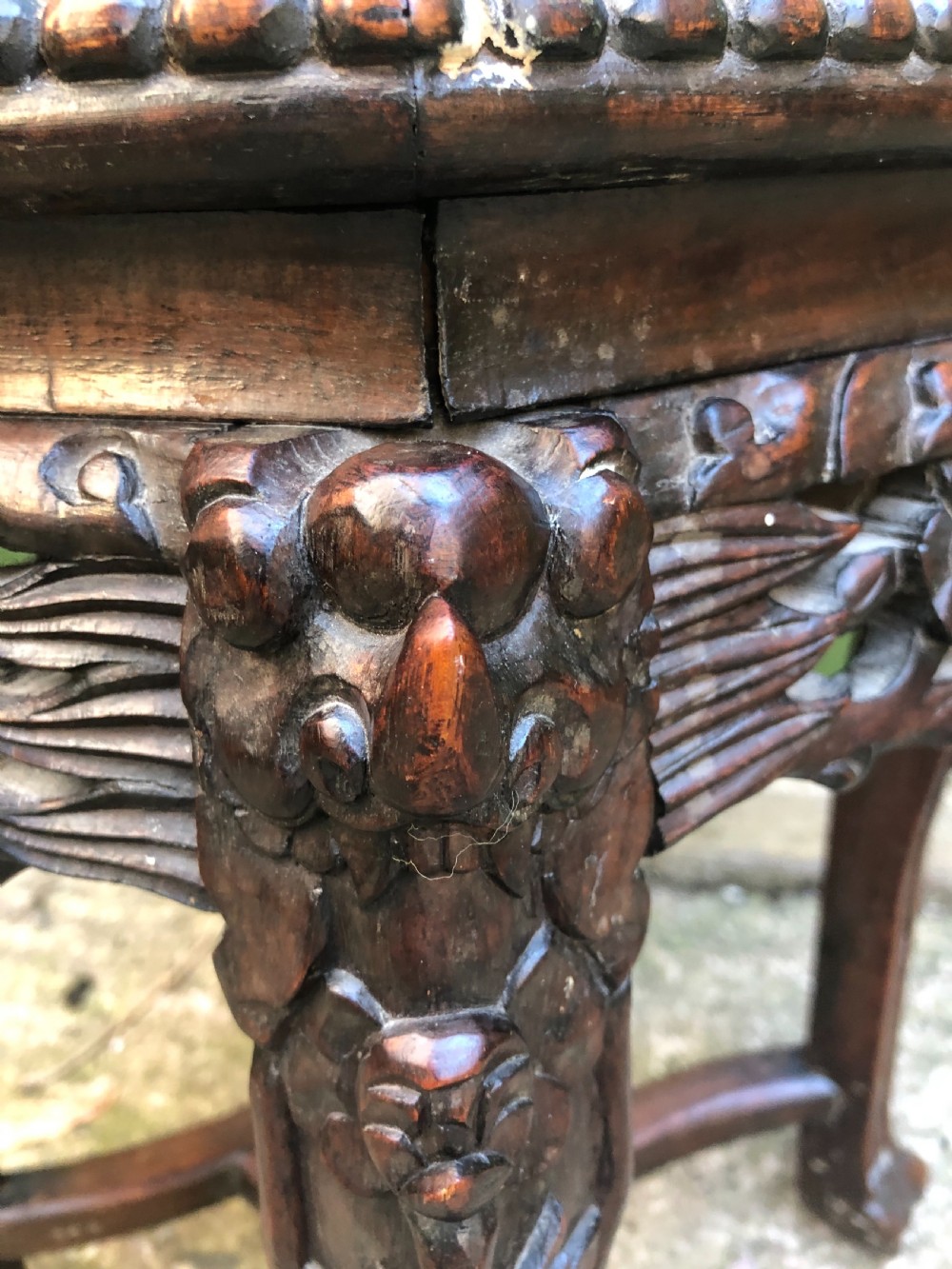 Late C19th Chinese Qing Dynasty carved hardwood inset rouge marble top low stand . View VII