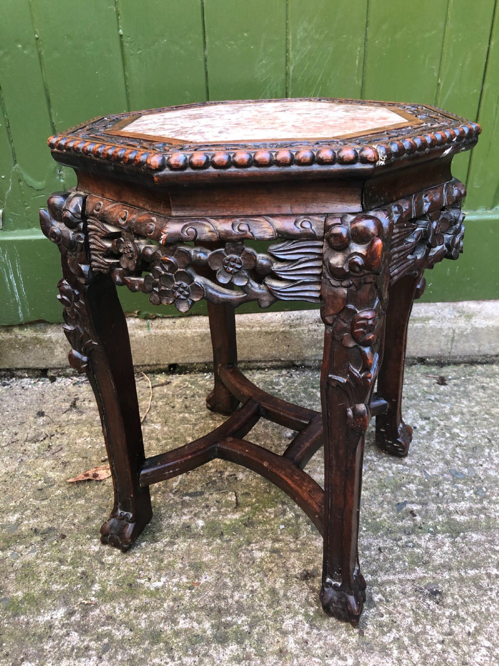 Late C19th Chinese Qing Dynasty carved hardwood inset rouge marble top low stand . View VIII