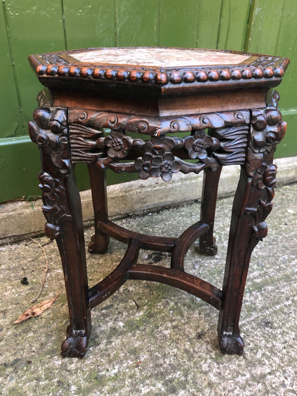 Late C19th Chinese Qing Dynasty carved hardwood inset rouge marble top low stand . View IX