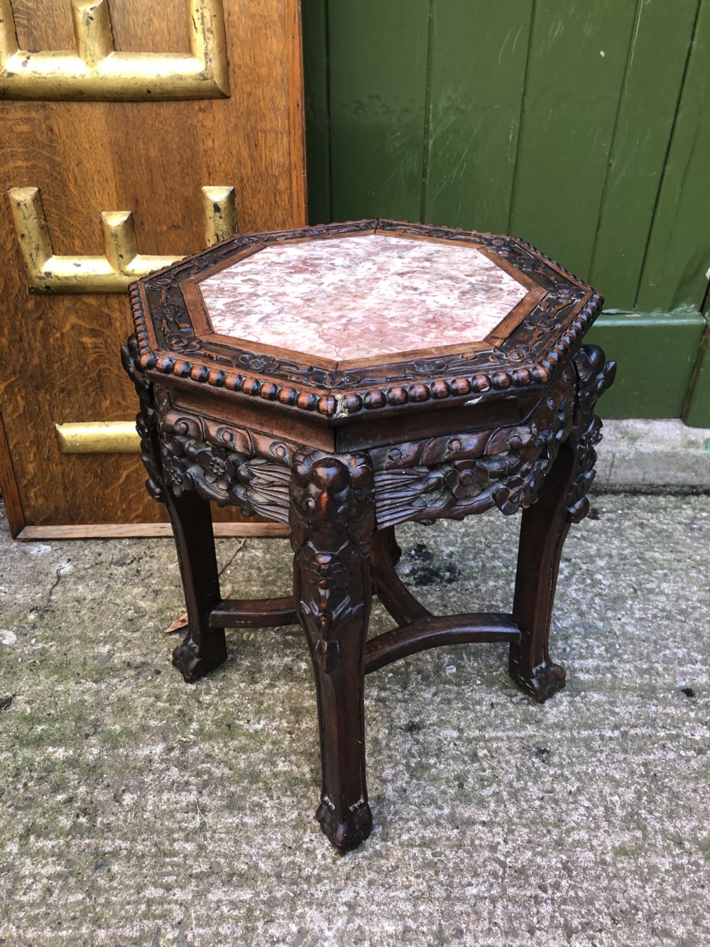 Late C19th Chinese Qing Dynasty carved hardwood inset rouge marble top low stand . View X