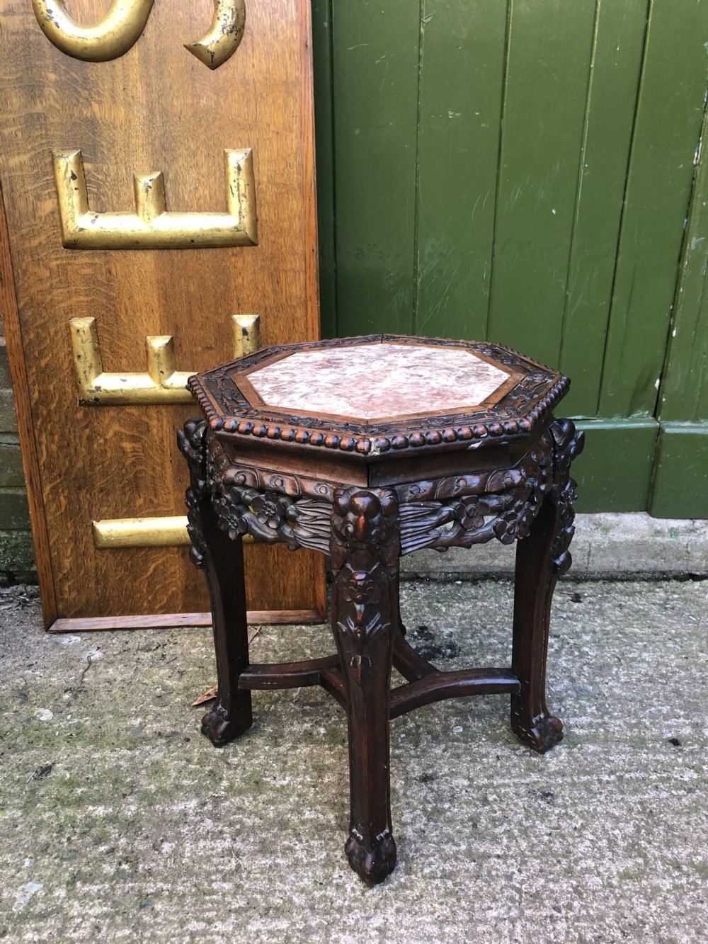 Late C19th Chinese Qing Dynasty carved hardwood inset rouge marble top low stand . View XI
