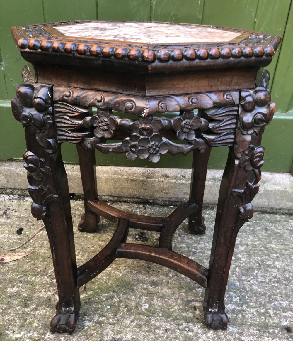 Late C19th Chinese Qing Dynasty carved hardwood inset rouge marble top low stand . View XIII