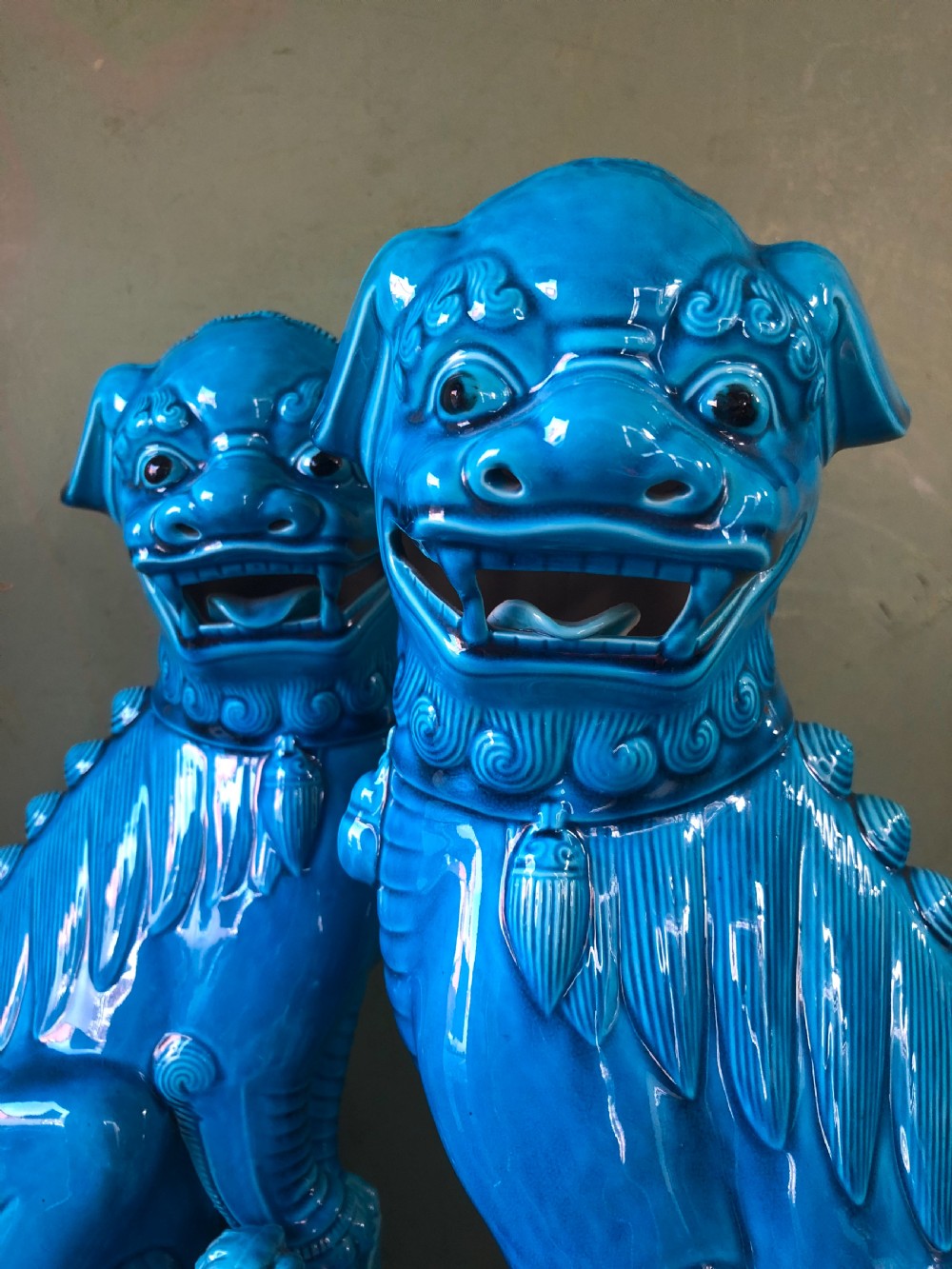 Large pair of early C20th Chinese blue turquoise glazed pottery ‘Dogs of Foe’. View VIII