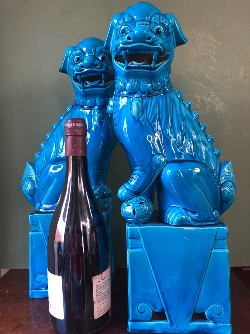 Large pair of early C20th Chinese blue turquoise glazed pottery ‘Dogs of Foe’. View IX
