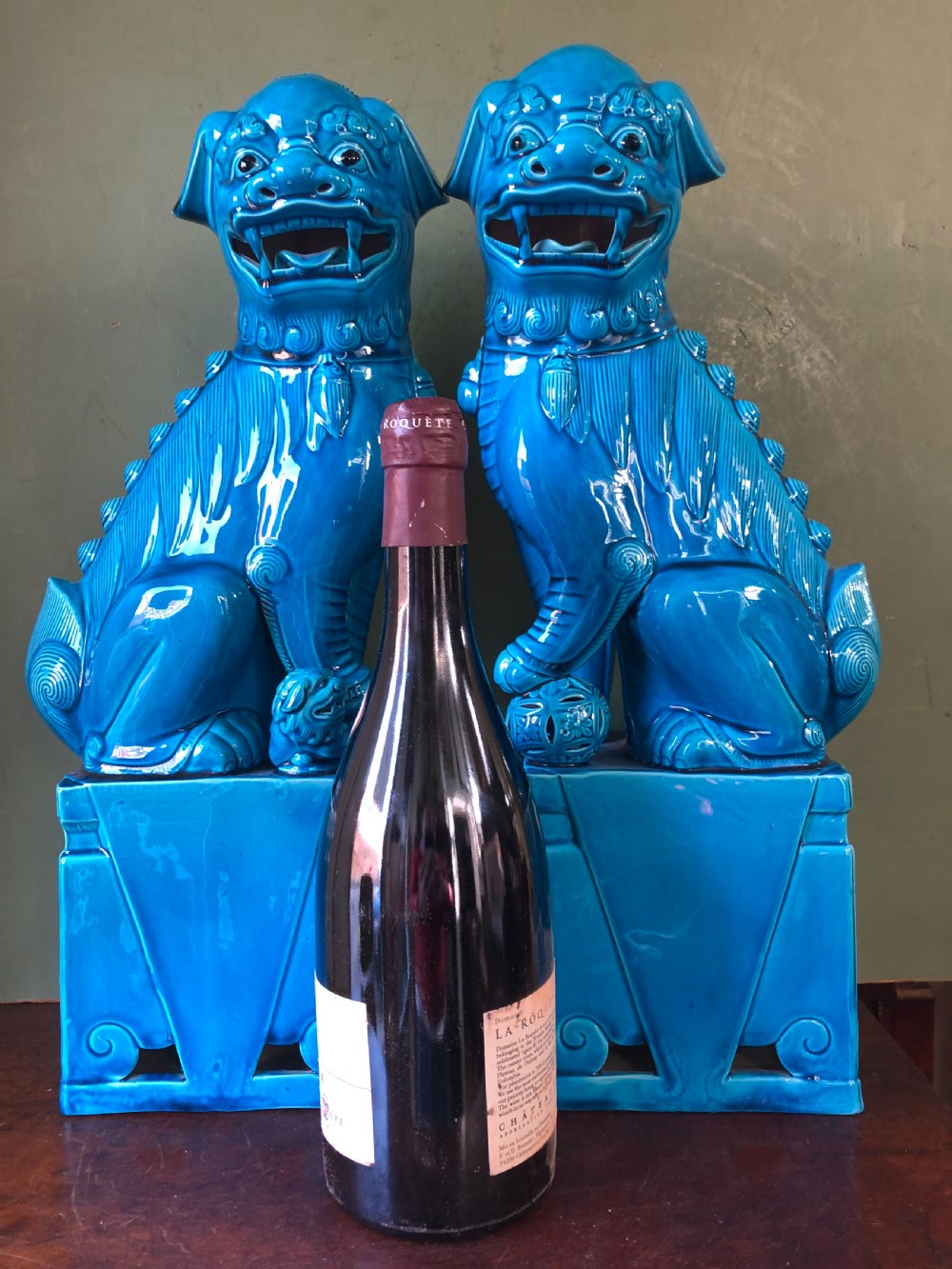 Large pair of early C20th Chinese blue turquoise glazed pottery ‘Dogs of Foe’. View X