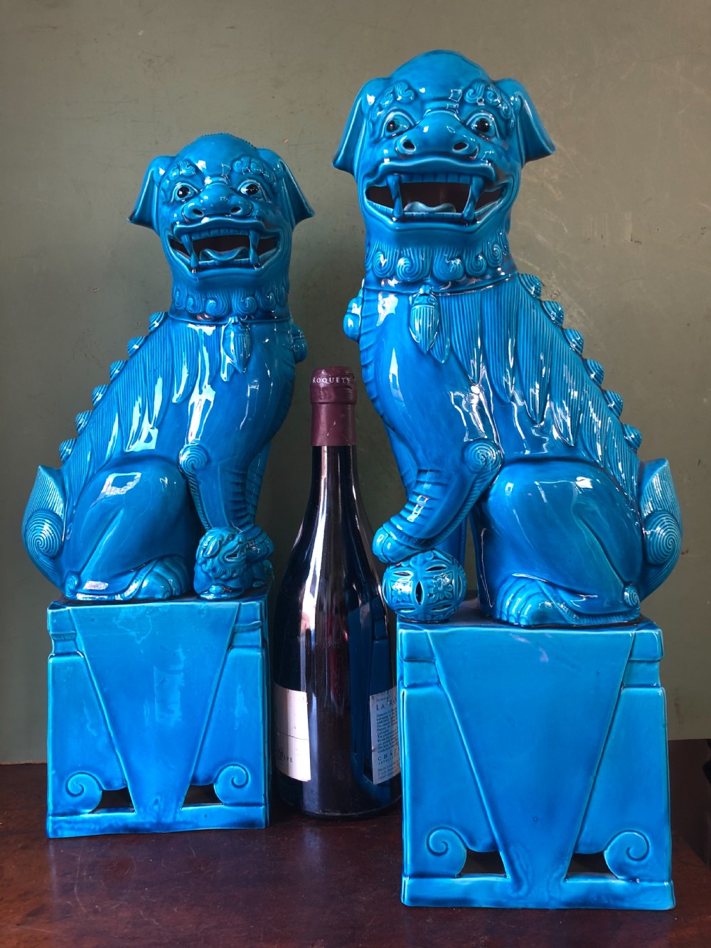Large pair of early C20th Chinese blue turquoise glazed pottery ‘Dogs of Foe’. View XI