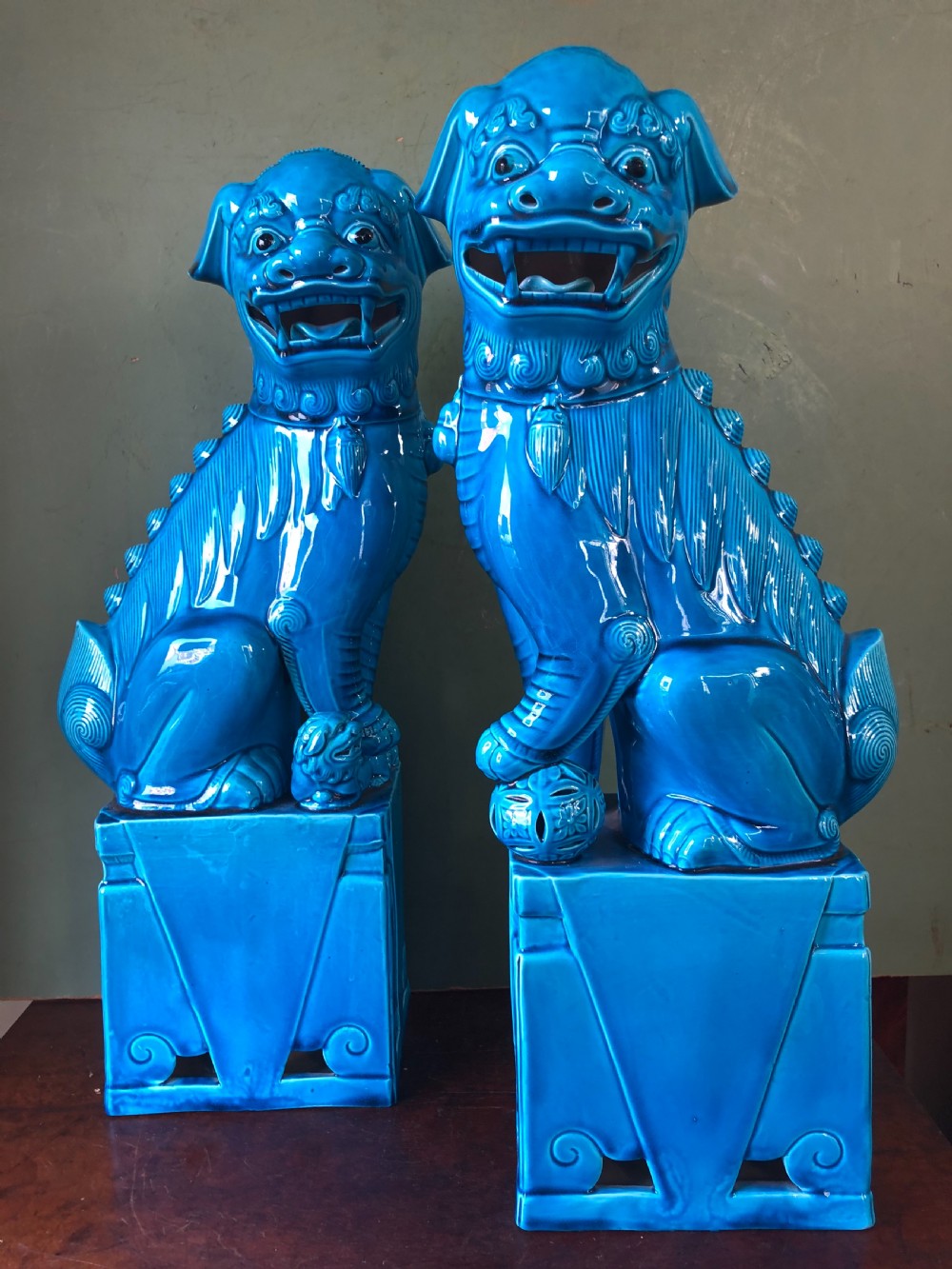 Large pair of early C20th Chinese blue turquoise glazed pottery ‘Dogs of Foe’. View XIII