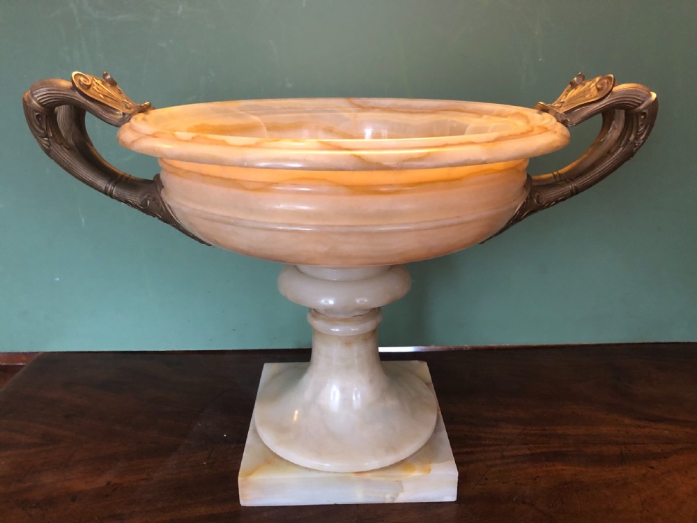Magnificent large late C19th French classical Grecian-style Egyptian alabaster tazza with gilt-bronze handles.