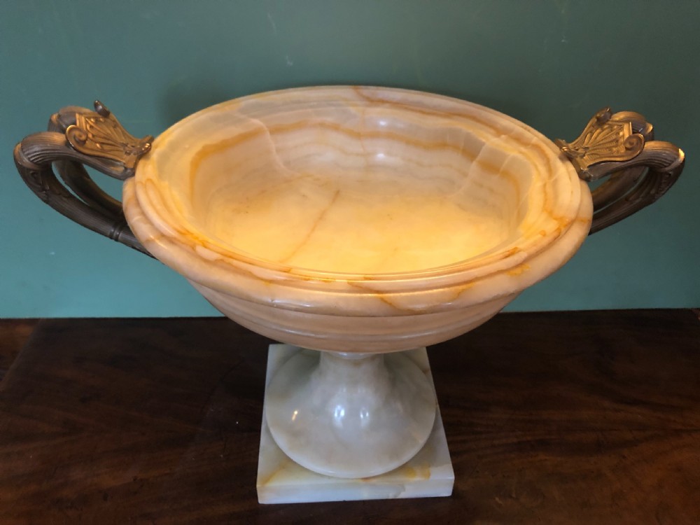 Magnificent large late C19th French classical Grecian-style Egyptian alabaster tazza with gilt-bronze handles. View II