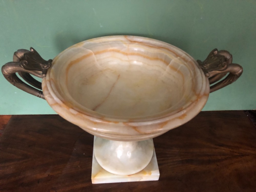 Magnificent large late C19th French classical Grecian-style Egyptian alabaster tazza with gilt-bronze handles. View III