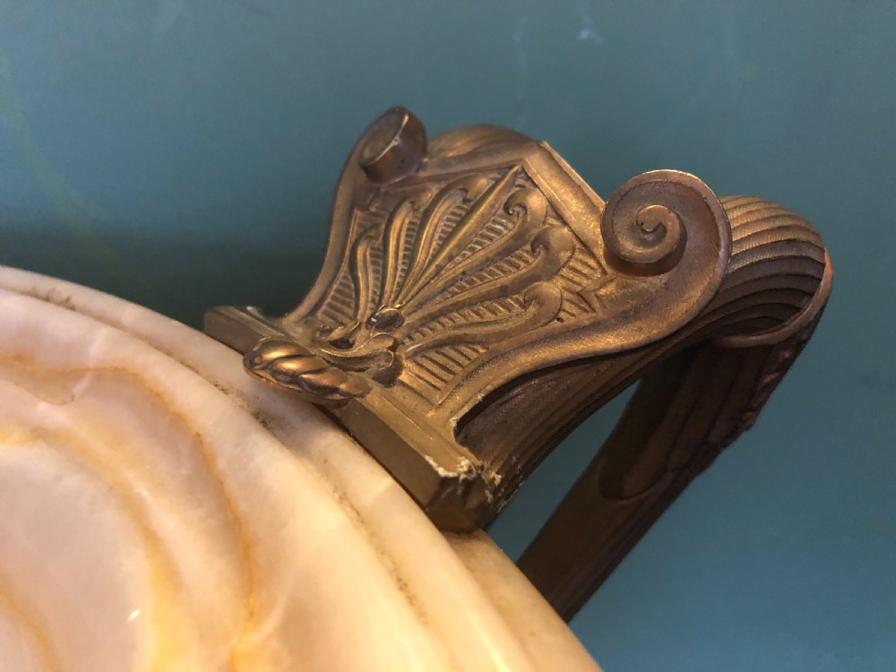 Magnificent large late C19th French classical Grecian-style Egyptian alabaster tazza with gilt-bronze handles. View VI