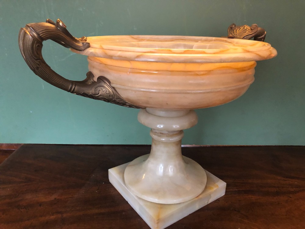 Magnificent large late C19th French classical Grecian-style Egyptian alabaster tazza with gilt-bronze handles. View IX
