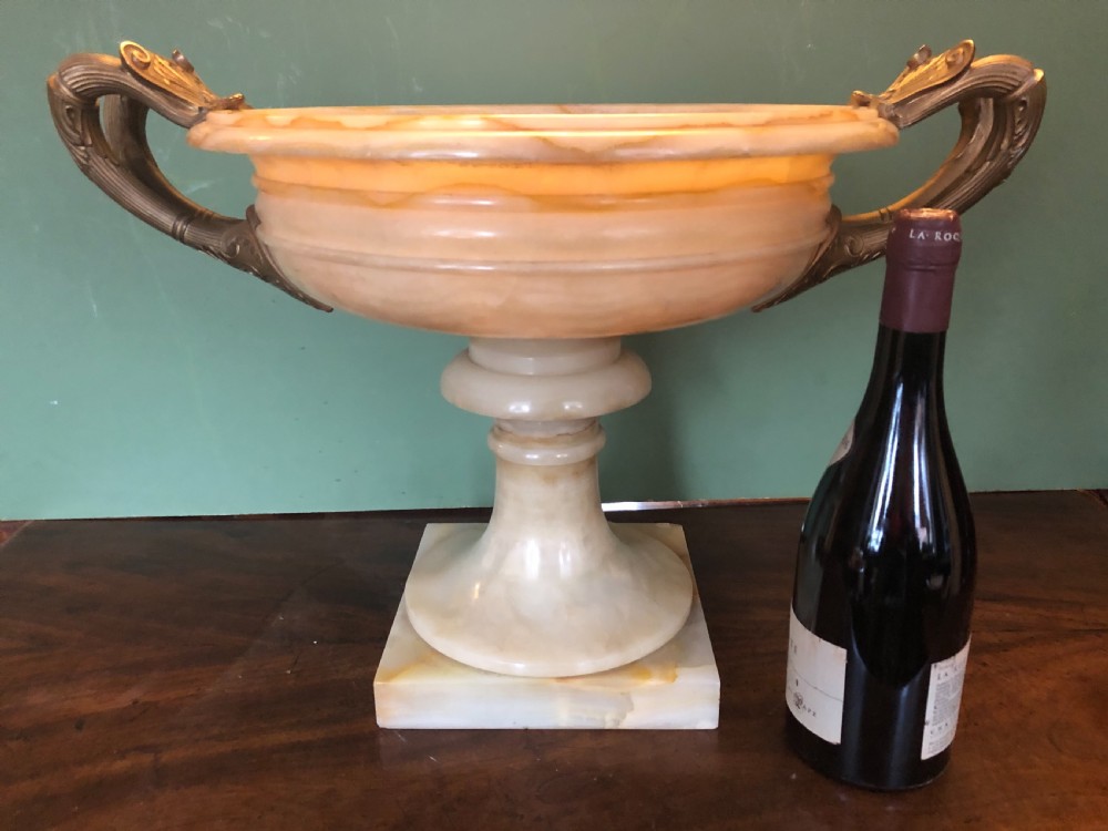 Magnificent large late C19th French classical Grecian-style Egyptian alabaster tazza with gilt-bronze handles. View X