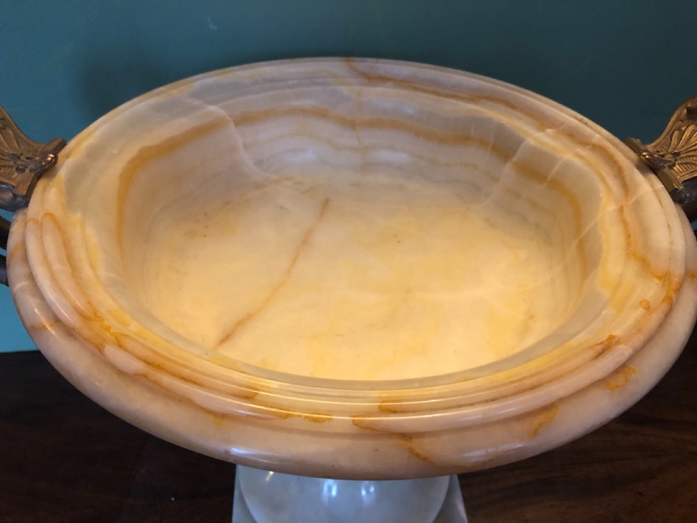 Magnificent large late C19th French classical Grecian-style Egyptian alabaster tazza with gilt-bronze handles. View XI