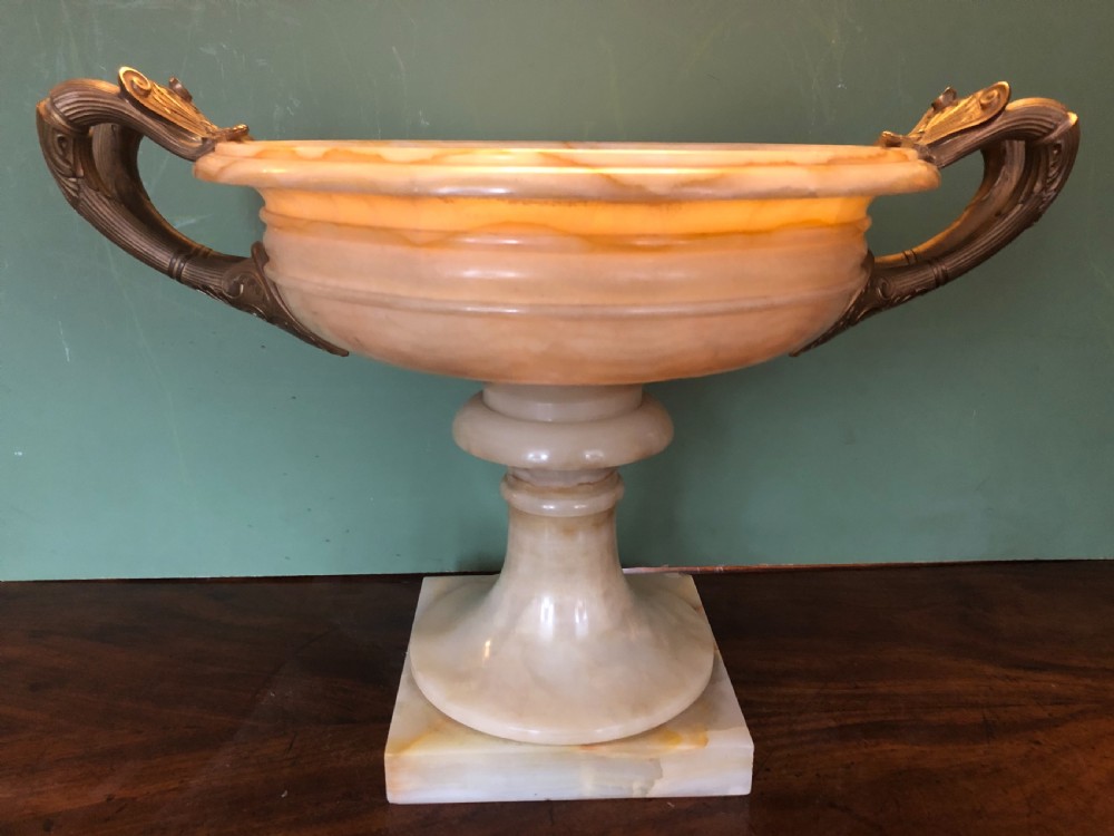 Magnificent large late C19th French classical Grecian-style Egyptian alabaster tazza with gilt-bronze handles. View XVI