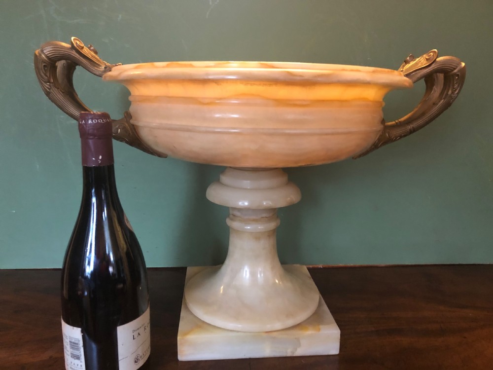 Magnificent large late C19th French classical Grecian-style Egyptian alabaster tazza with gilt-bronze handles. View XVII
